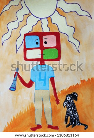 Creative colorful illustration. A traveler. Be free. Happy man.