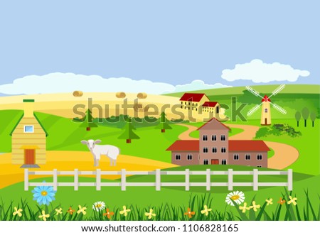 Countryside vector landscape, livestock animals, windmills, clouds, hence, trees,home, harvest, houses, concept vector