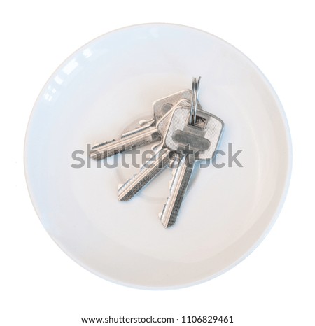 Bunch of keys on white saucer white background