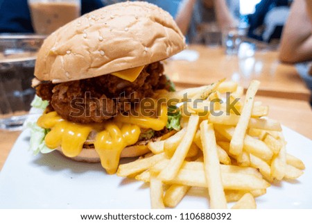 Hamburger food and french fries for lunch meal