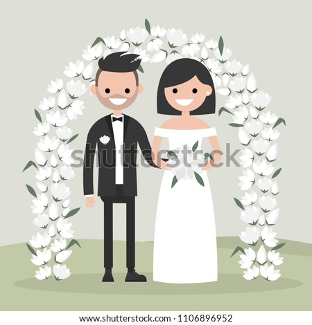 A couple of newly weds standing behind the floral arch. Bride and groom. New family. Elegant garden ceremony. Flat vector illustration, clip art