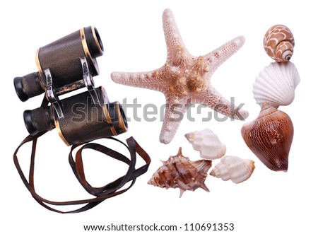 Binoculars and seashells isolated on white