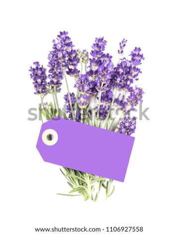 Lavender flower bunch with paper tag isolated on white background