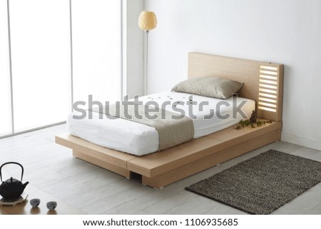 Modern peaceful Bedroom. zen style bedroom. Peaceful and serene bedroom. Wood bed with oriental object.led bed. japanese style bedroom.