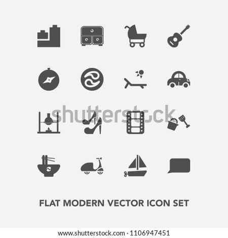 Modern, simple vector icon set with meal, food, guitar, ball, white, bicycle, ride, science, chemistry, research, baby, bear, stroller, carriage, talk, bowl, video, bucket, noodle, shovel, child icons