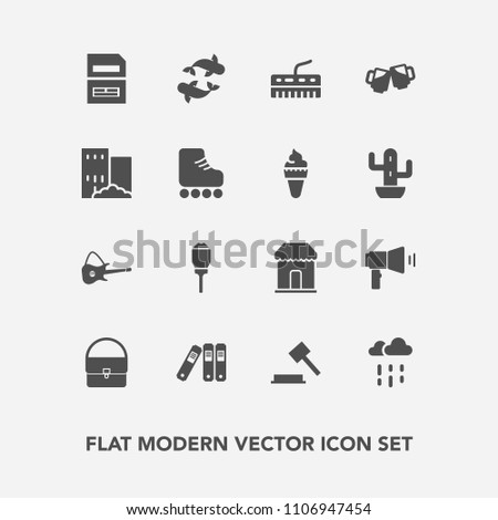 Modern, simple vector icon set with keyboard, building, bag, light, business, musical, rain, office, seafood, water, fashion, lantern, pub, sea, justice, alcohol, music, guitar, fish, beer, city icons