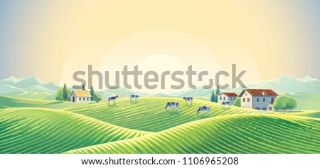 Herd of cows  in summer rural landscape at dawn among fields and pastures. Vector illustration. Royalty-Free Stock Photo #1106965208