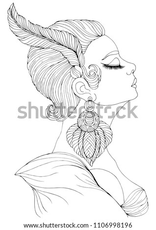 Hand drawn portrait in profile of elegant lady in Art Deco style. Girl with a feather in a short hairstyle and a big earring. Decorated Coloring Page A4 size.