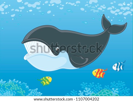 Bowhead whale swimming with funny small fishes in blue water, vector illustration