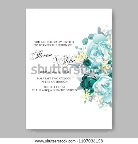 Wedding invitation vector template card Beautiful soft mint blue peony vintage background flowers bouquet for birthday card bridal shower baby shower invites congratulations and celebrations party