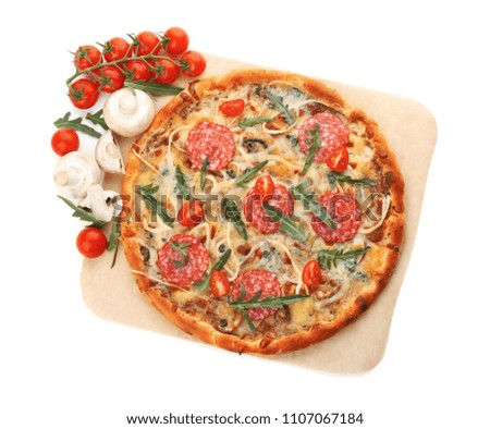 Delicious pizza with tomatoes and sausage on white background