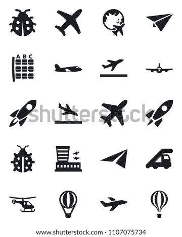 Set of vector isolated black icon - plane vector, departure, arrival, ladder car, helicopter, seat map, globe, airport building, lady bug, rocket, paper, air balloon