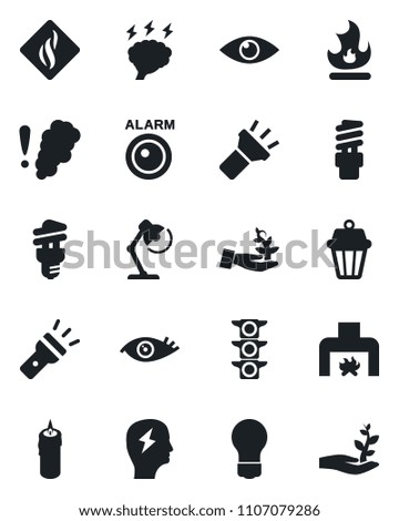 Set of vector isolated black icon - brainstorm vector, bulb, fire, eye, traffic light, torch, desk lamp, fireplace, candle, smoke detector, energy saving, outdoor, alarm led, palm sproute