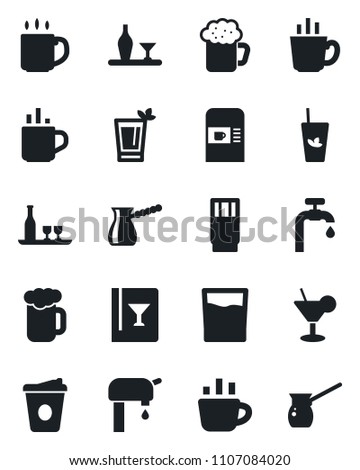 Set of vector isolated black icon - hot cup vector, coffee machine, water supply, alcohol, wine card, drink, cocktail, phyto bar, beer, turkish