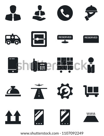 Set of vector isolated black icon - runway vector, phone, reception bell, mobile, ambulance car, office, client, consolidated cargo, up side sign, cell, scanner, root setup, waiter, reserved
