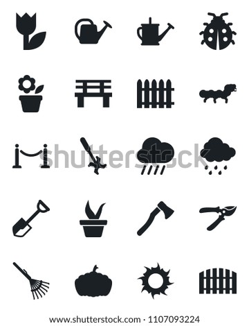 Set of vector isolated black icon - fence vector, flower in pot, shovel, rake, seedling, watering can, pruner, lady bug, sun, rain, axe, bench, pumpkin, caterpillar, ripper, tulip