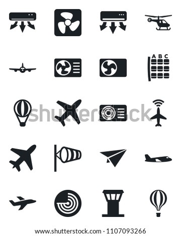 Set of vector isolated black icon - plane vector, airport tower, radar, wind, helicopter, seat map, air conditioner, fan, paper, balloon