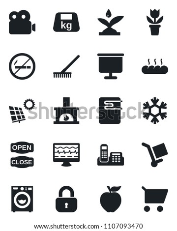 Set of vector isolated black icon - no smoking vector, flower in pot, rake, monitor pulse, cargo, heavy, video, presentation board, office phone, sun panel, lock, washer, fireplace, bread, snowflake