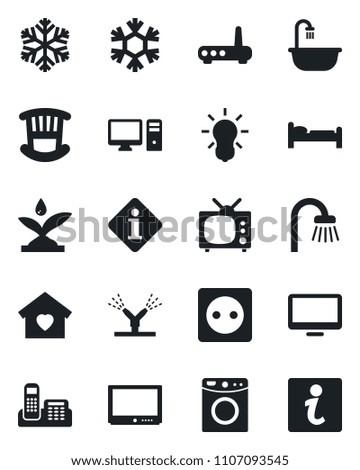Set of vector isolated black icon - bed vector, tv, monitor, office phone, children room, bathroom, sweet home, socket, irrigation, router, snowflake, pc, washer, bulb, information