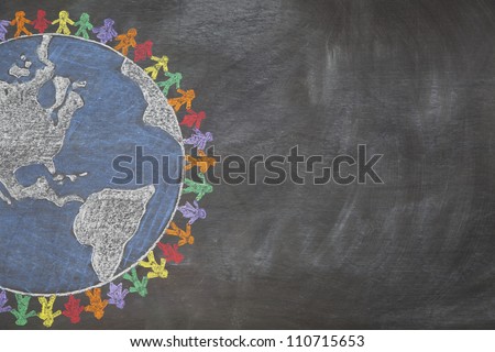 A hand drawn chalkboard shows multi-ratial people holding hands around the world to show care for the earth, peace, and unity.  Shown off centered for copy-space. Royalty-Free Stock Photo #110715653