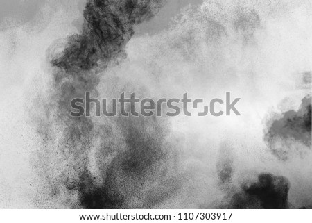 Black powder explosion on white background.dust explode. Paint Holi.