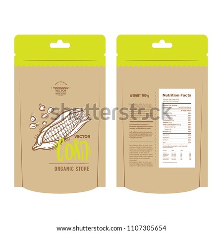 Classic brown recycled paper bag template for your design. Vector hand-drawn illustration of organic food stand up snack sachet bag packaging. Nutrition Facts Label design template for food content.