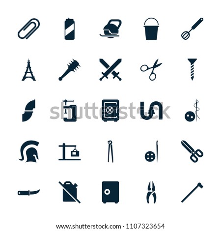 Steel icon. collection of 25 steel filled icons such as manicure scissors, needle button, safe, pipe, screw, nippers, pliers. editable steel icons for web and mobile.