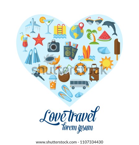 Summer and Beach the icons enclosed in the shape of heart. Flat vacation web icon set. Travel graphic icons set with starfish, sailboat, airplane, cocktail, other images. Editable stroke Vector.