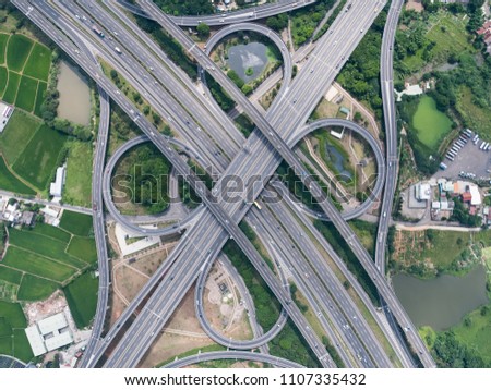 Aerial View of Highway Interchange - Transport concept image, birds eye view use the drone in Pingzhen Interchange System, Taoyuan, Taiwan.