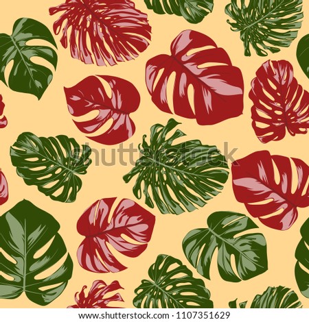 Seamless Tropical Pattern with Monstera Leaves. Hand-drawn Background with Philodendron in Watercolor Style. Exotic Graphic Illustration with Jungle Foliage. Vector Seamless Tropical Leaves Pattern.