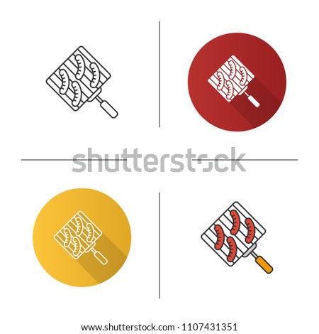 Hand grill with sausages icon. Barbecue grid. Flat design, linear and color styles. Isolated vector illustrations