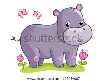 Hippo standing in the meadow with flowers. Cute animal in the cartoon style. Vector illustration on a children's theme.