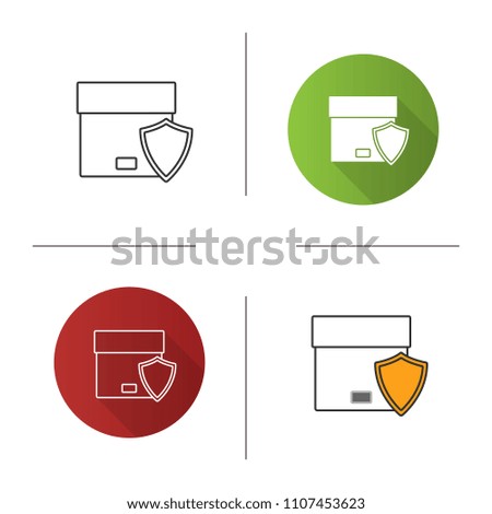 Secure delivery icon. Cargo insurance. Cardboard box shield shield. Flat design, linear and color styles. Isolated raster illustrations