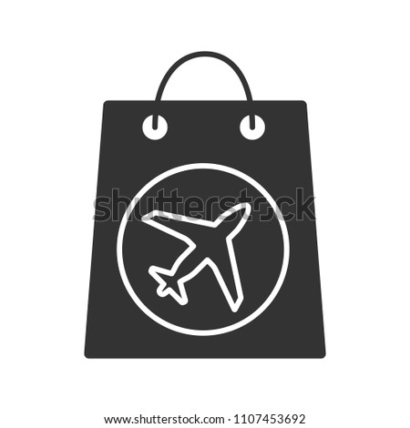 Duty free purchase glyph icon. Shopping bag with airplane. Silhouette symbol. Negative space. Raster isolated illustration