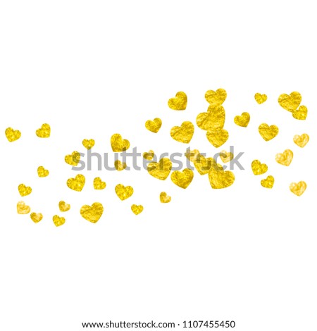 Heart confetti background with gold glitter. Valentines day. Vector frame. Hand drawn texture. Love theme for gift coupons, vouchers, ads, events. Wedding and bridal template with heart confetti.