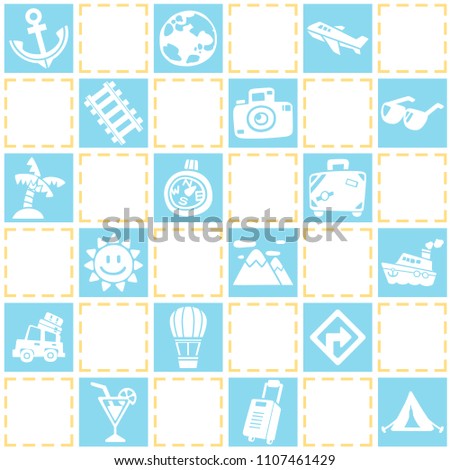 Blue seamless background of travel/vacation pattern theme. Freehand drawing in cute style. Vector illustration. 