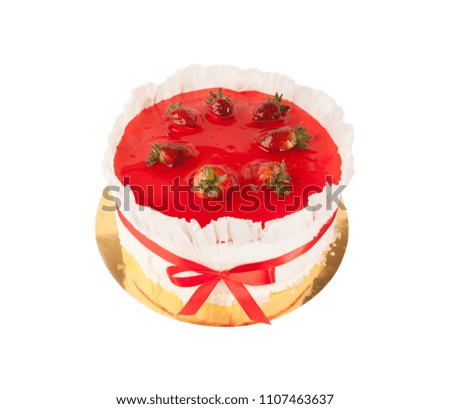 Strawberry cake with marzipan and jelly isolated on white