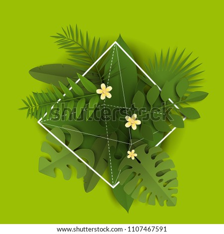 Vector geometric frame or banner with exotic green tropical leaves in paper cut style. Template background for branding, advertising, promote, poster, flyer, greeting card.