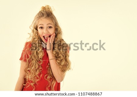Haircare. Extra sale. little blond girl smiling portrait red dress isolated on white background