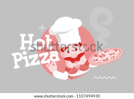 Flat Design Chef Banner with Hot Pizza Text  Vector Illustration