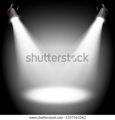 Two reflectors with headlight beams on white background - place for your text or object. Illustration. Royalty-Free Stock Photo #1107561062