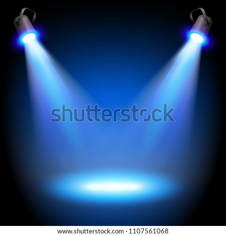 Two reflectors with headlight beams on blue background - place for your text or object. Illustration. Royalty-Free Stock Photo #1107561068