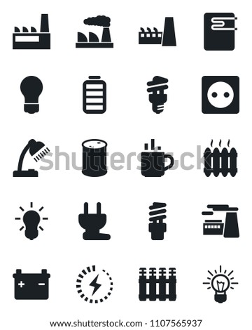 Set of vector isolated black icon - hot cup vector, bulb, factory, oil barrel, battery, charge, desk lamp, heater, socket, power plug, water, radiator, energy saving, idea