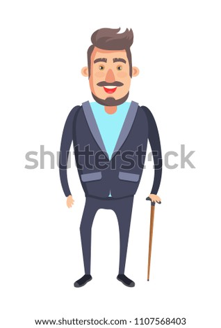 Bearded senior man with stick vector illustration of elderly male in suit isolated on white background, young grandpa smiling cartoon character flat stye