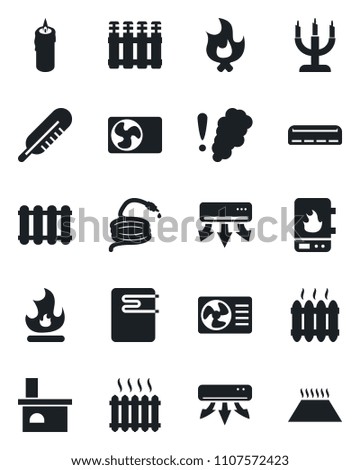 Set of vector isolated black icon - fire vector, hose, fireplace, thermometer, heater, air conditioner, candle, water, smoke detector, radiator, warm floor