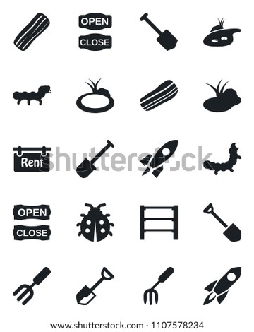 Set of vector isolated black icon - job vector, garden fork, shovel, lady bug, caterpillar, pond, rack, rent, bacon, open close, rocket