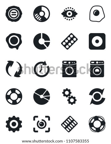 Set of vector isolated black icon - washer vector, gear, circle chart, stamp, pills blister, rec button, update, eye id, pie graph, omelette, clock, crisis management
