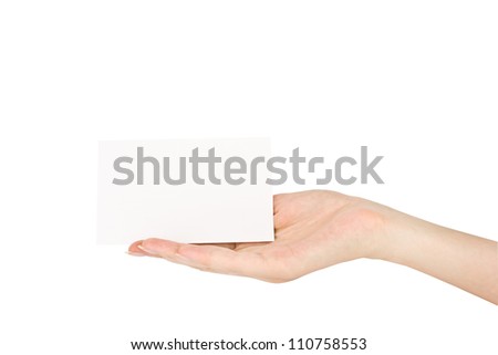 hand holding blank paper business card, closeup isolated on white background with clipping path