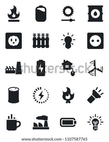 Set of vector isolated black icon - hot cup vector, factory, fire, oil barrel, torch, brightness, battery, charge, windmill, home control, socket, radiator, bulb, idea