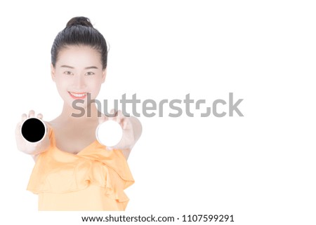 Girl holds the product for presentation, Lady  beautiful  in yellow shirt girl advertising your product on beauty products sign board, Asian female model isolated on white background.